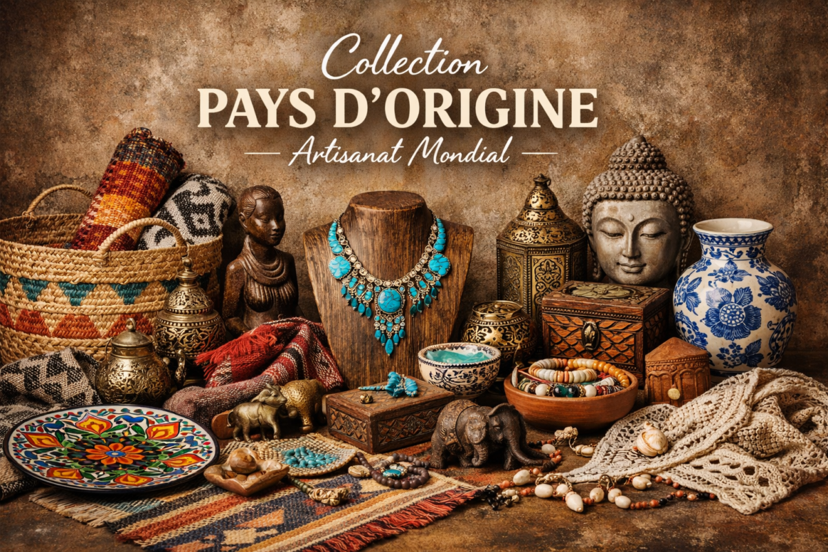 A variety of authentic products showcasing their country of origin, emphasizing quality and craftsmanship.